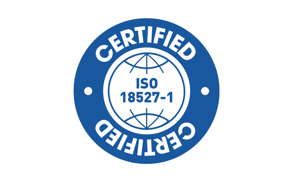 ISO 18527-1 certified badge indicating compliance with international standards for eye and face protection