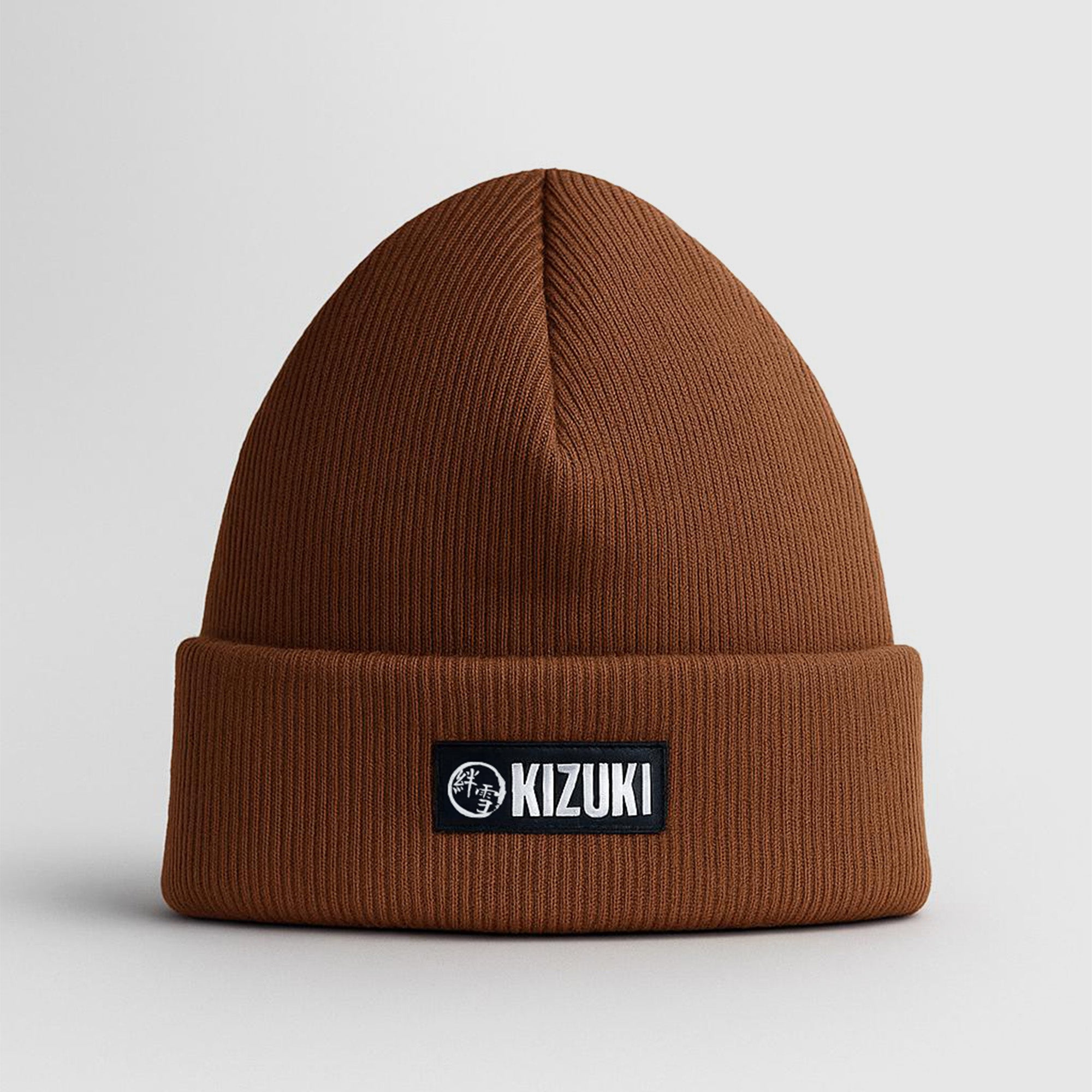 Brown beanie with Kizuki logo on a light gray background