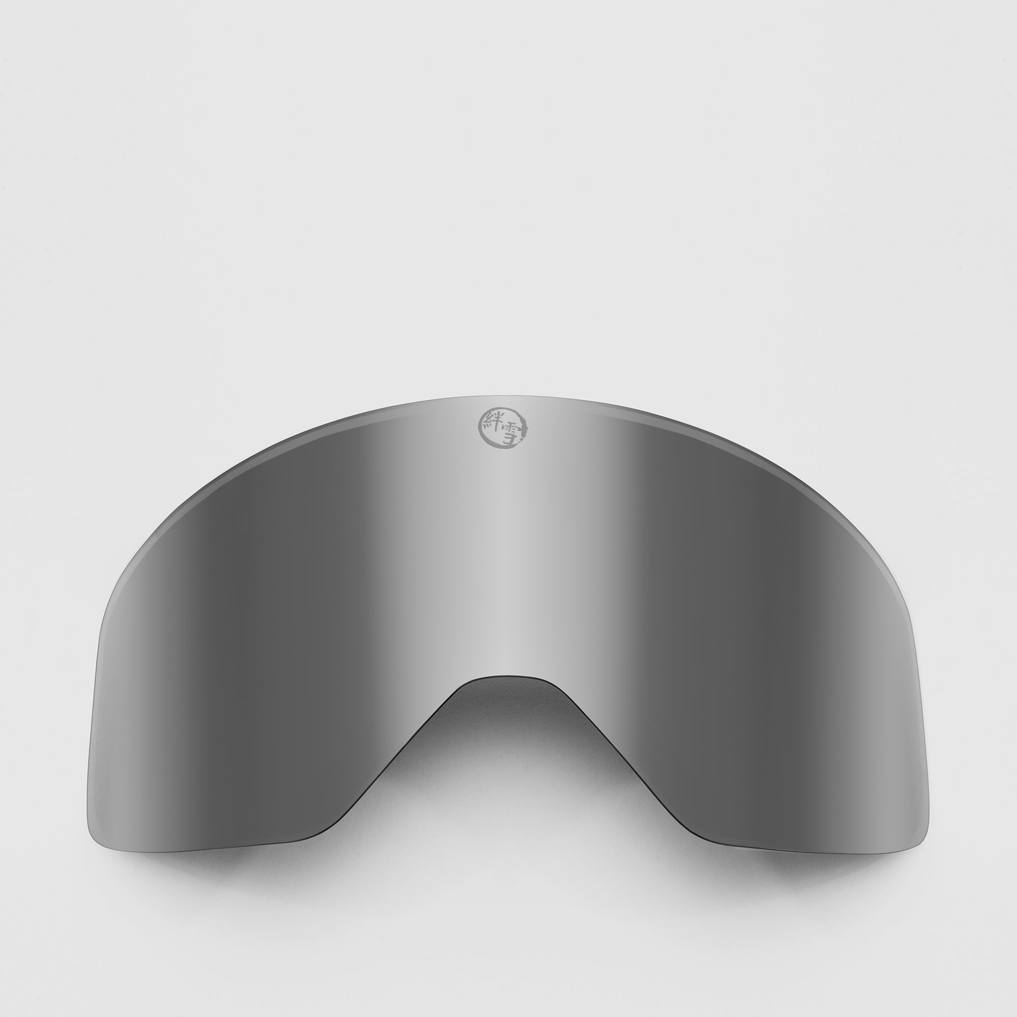 Grey, slim ski goggles lens on a light gray background
