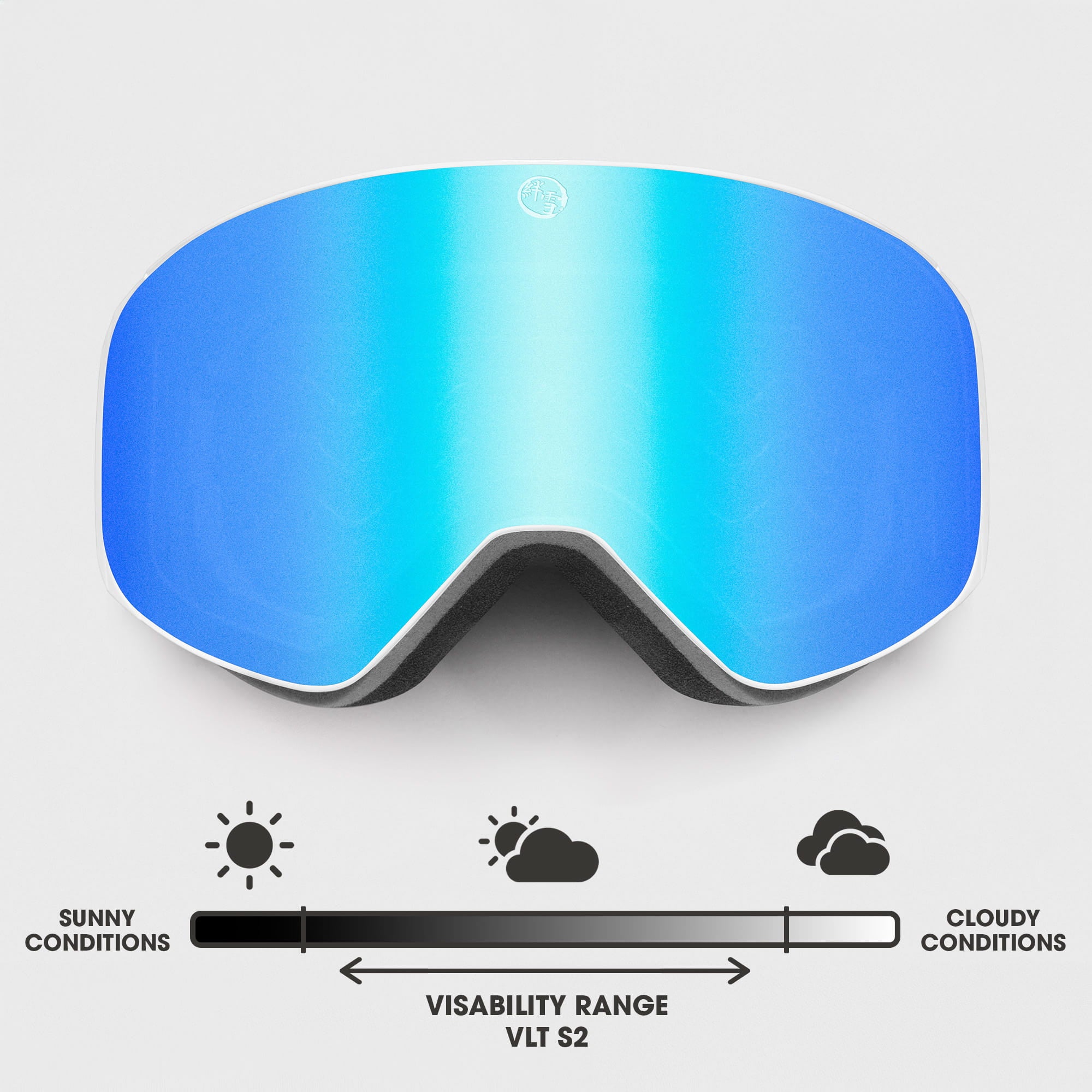 Dawn ski goggles with white frame and Glacial Blue mirrored lens, VLT S2 visibility for sunny to partly cloudy conditions