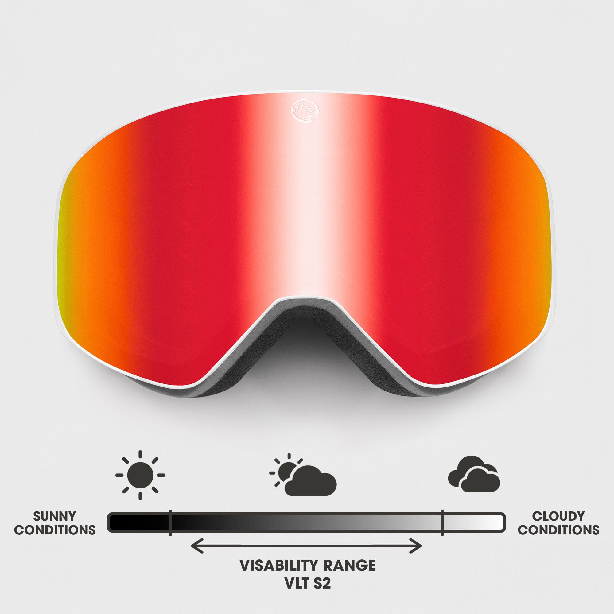 Dawn ski goggles with white frame and Horizon Red mirrored lens, VLT S2 visibility for sunny to partly cloudy conditions