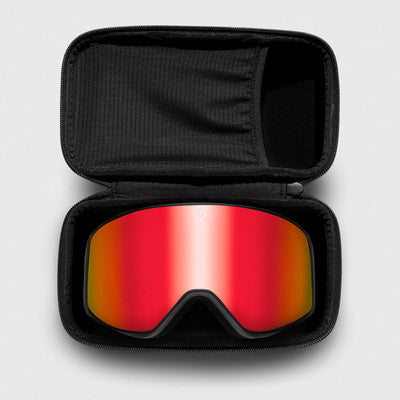 Red, slim reflective ski goggles, with black frame in a black case on a light gray background