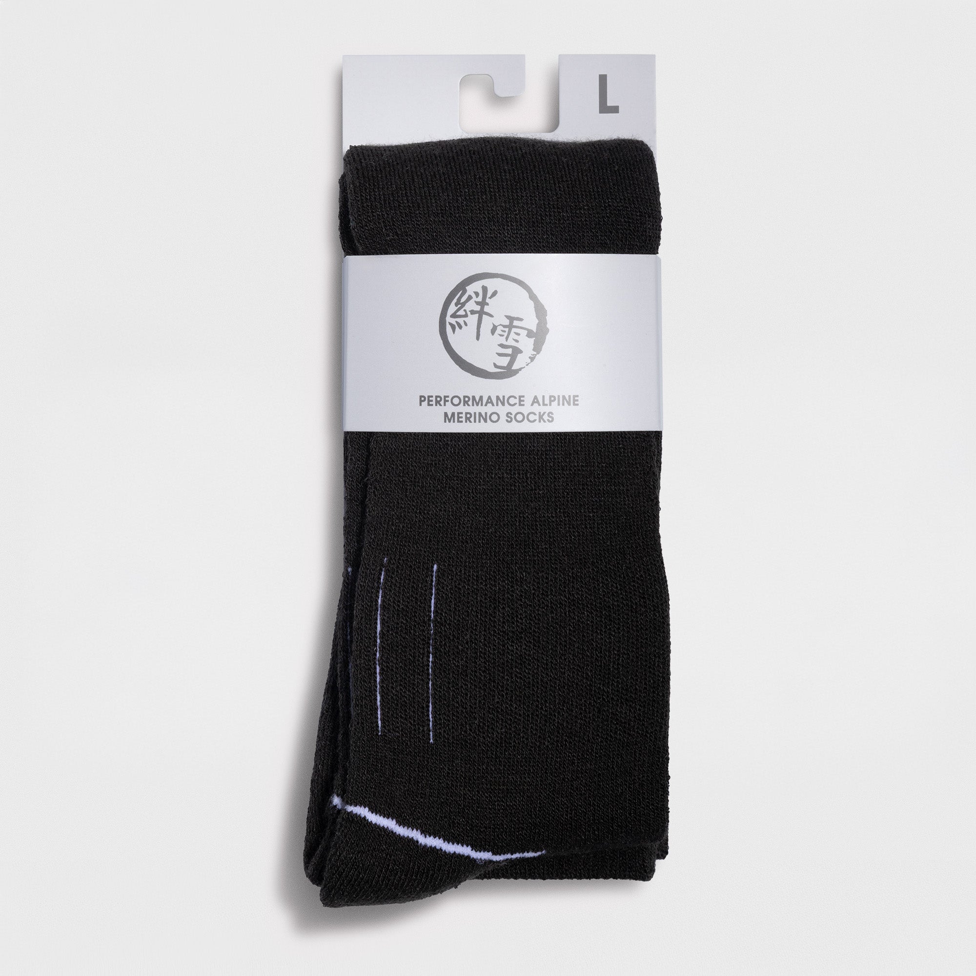 Black ski socks called Performance Alpine Merino socks in Large size on a light gray background