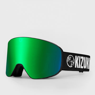Green ski goggle in standard size with black strap featuring 'KIZUKI' brand on a light gray background