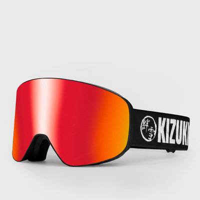 Red ski goggle in standard size with black strap featuring 'KIZUKI' brand on a light gray background