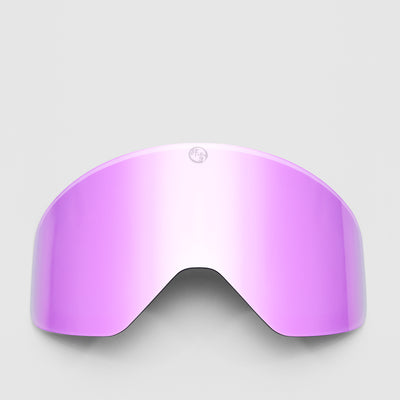 Pink ski goggles lens on a light gray background
