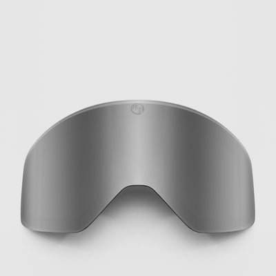 Grey ski goggles lens on a light gray background