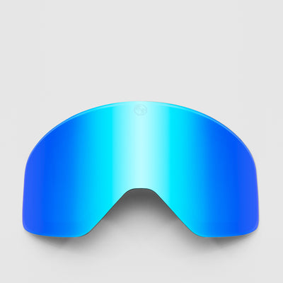 Blue ski goggles lens on a light gray background
