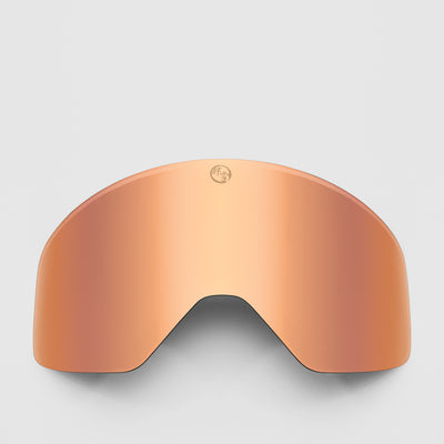 Rose gold ski goggles lens on a light gray background