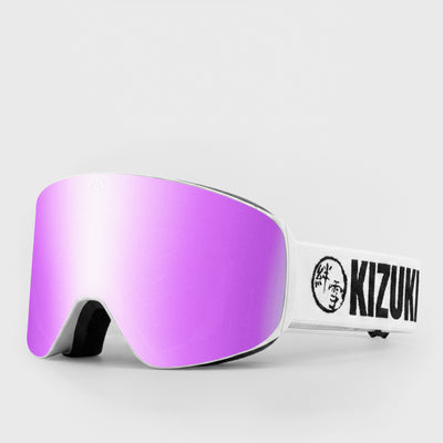 Pink ski goggle in standard size with white strap featuring 'KIZUKI' brand on a light gray background