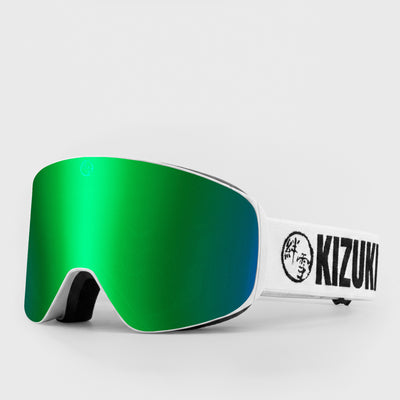 Green ski goggle in standard size with white strap featuring 'KIZUKI' brand on a light gray background
