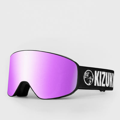 Pink ski goggle in slim size with black strap featuring 'KIZUKI' brand on a light gray background
