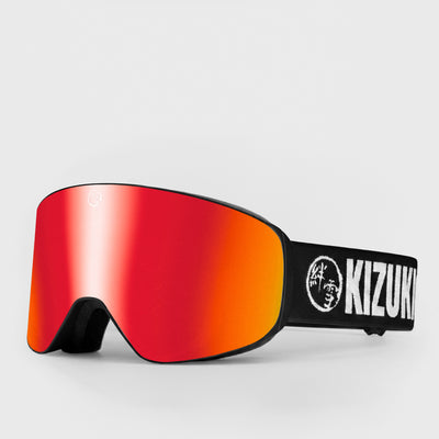 Red ski goggle in slim size with black strap featuring 'KIZUKI' brand on a light gray background