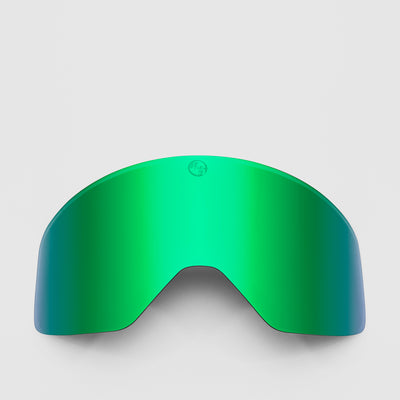 Green, slim ski goggles lens on a light gray background