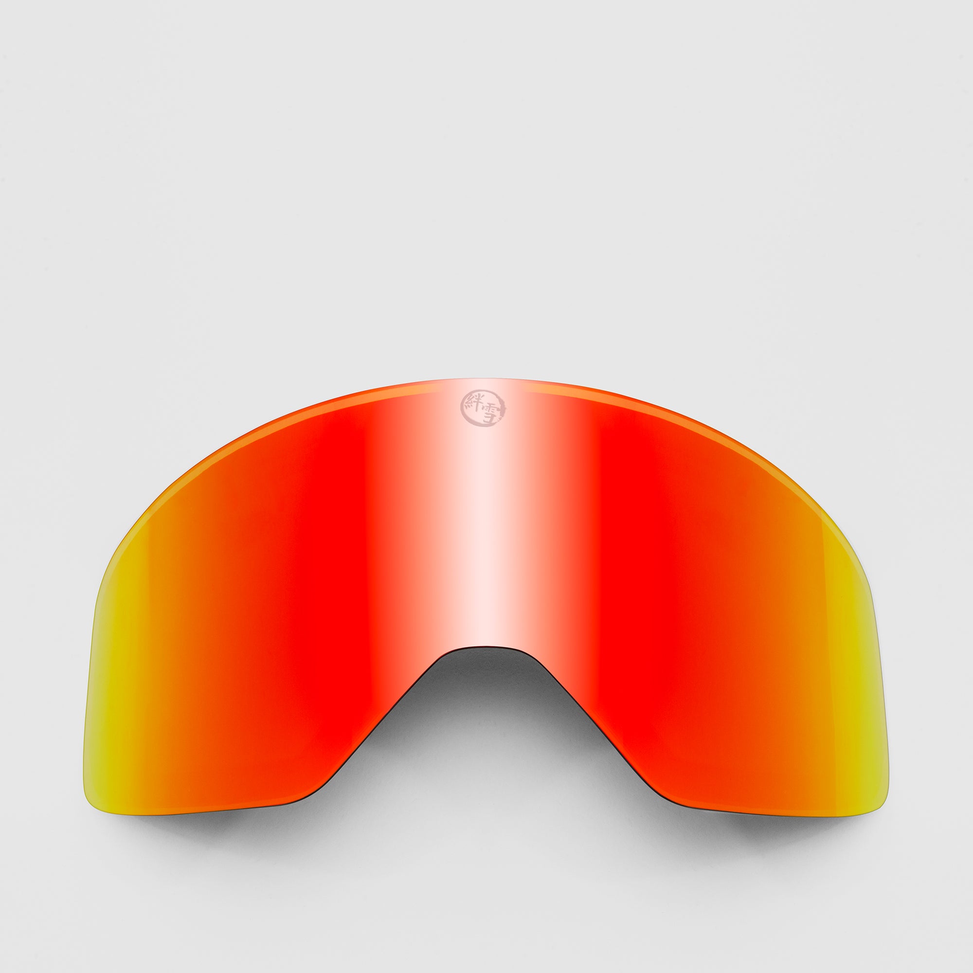 Red, slim ski goggles lens on a light gray background