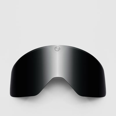 Black, slim ski goggles lens on a light gray background