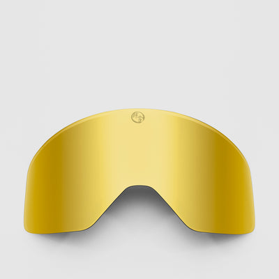 Gold ski, slim goggles lens on a light gray background