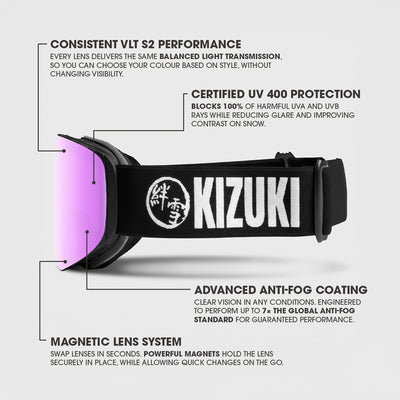 KIZUKI black strap ski goggles with Alpine Pink lens, engineered for balanced visibility, anti-fog clarity, and quick lens changes.