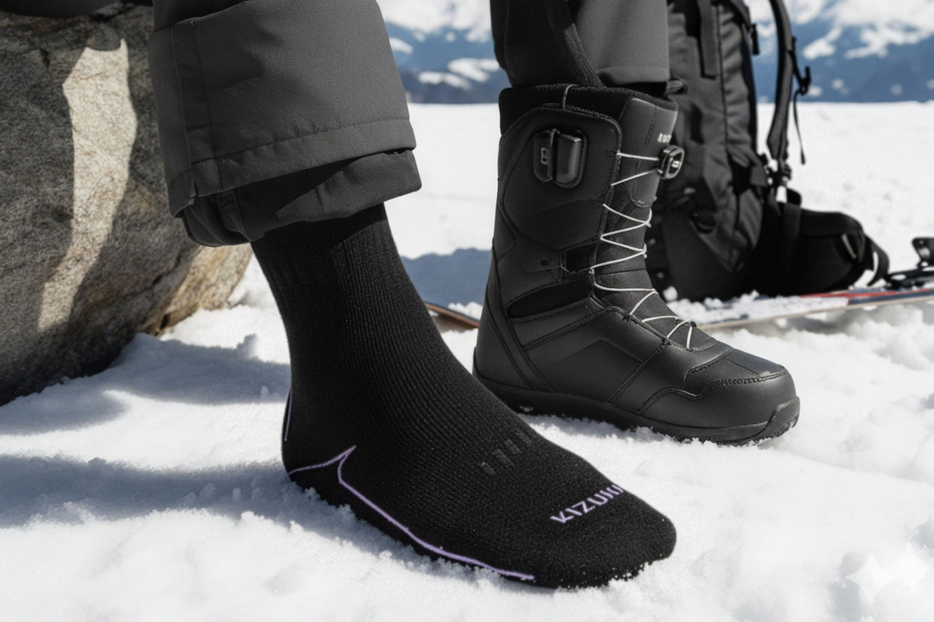 KIZUKI Performance Alpine Ski Sock in black worn on snow beside a snowboard boot, showcasing ergonomic fit and technical knit detail.