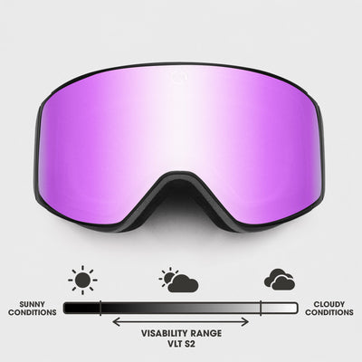 Dawn(s) ski goggles with black frame and Alpine Pink mirrored lens, VLT S2 visibility for sunny to partly cloudy conditions