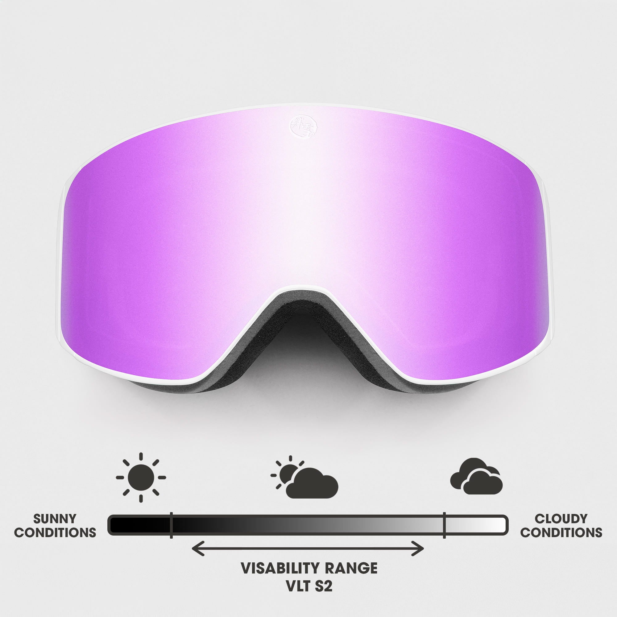 Dawn(s) ski goggles with white frame and Alpine Pink mirrored lens, VLT S2 visibility for sunny to partly cloudy conditions