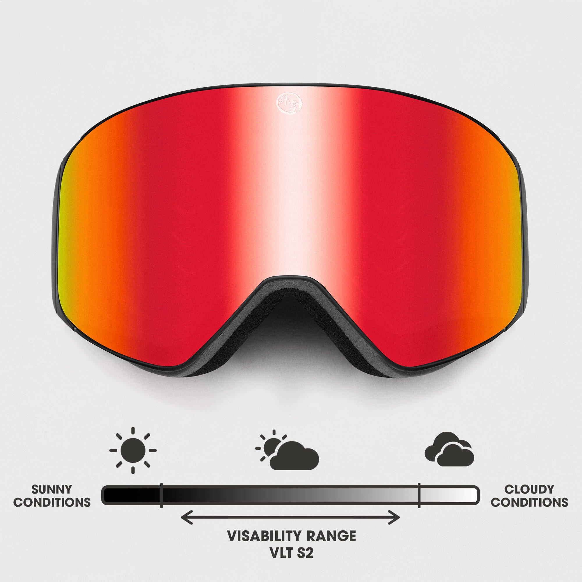 Dawn ski goggles with black frame and Horizon Red mirrored lens, VLT S2 visibility for sunny to partly cloudy conditions