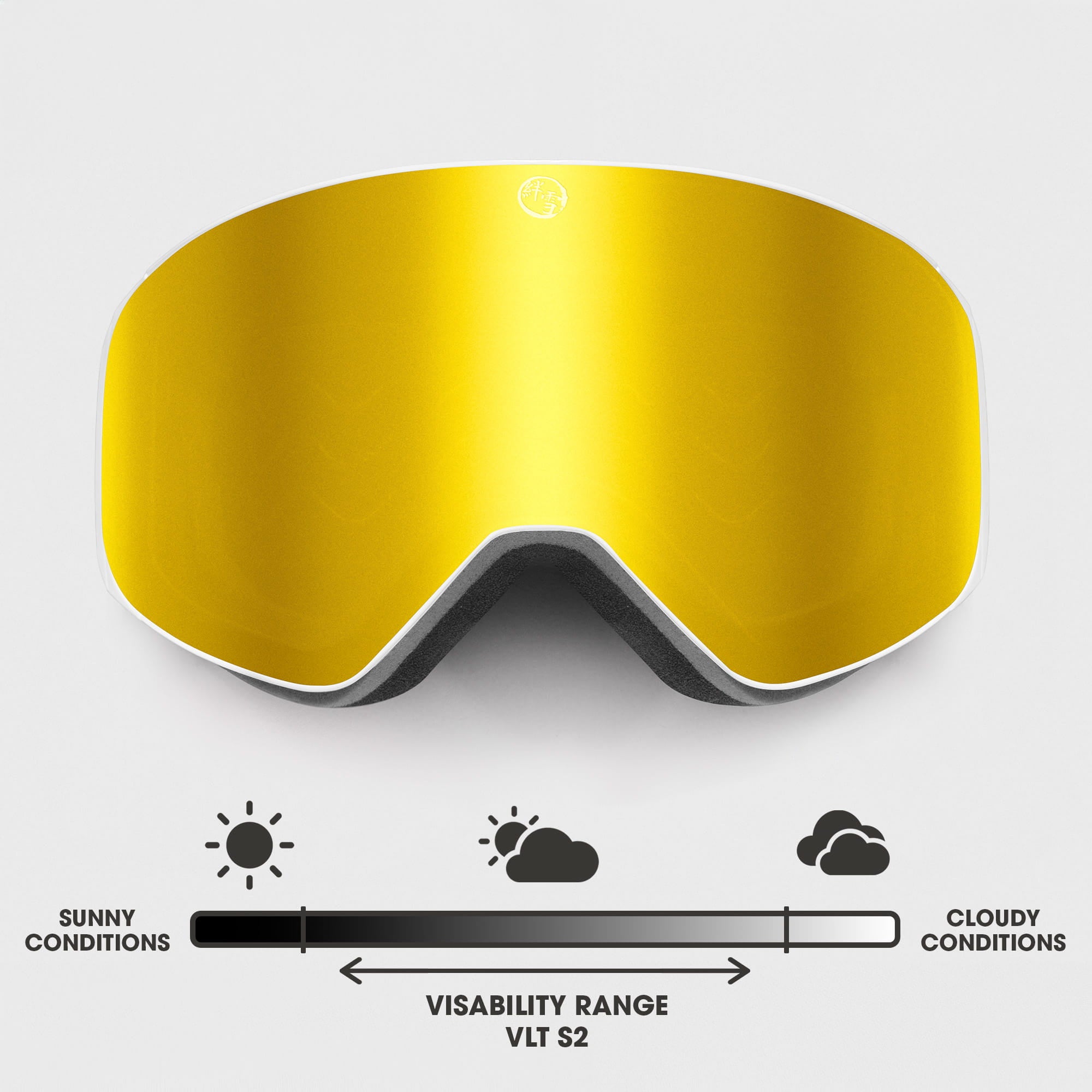 Dawn ski goggles with white frame and Summit Gold mirrored lens, VLT S2 visibility for sunny to partly cloudy conditions