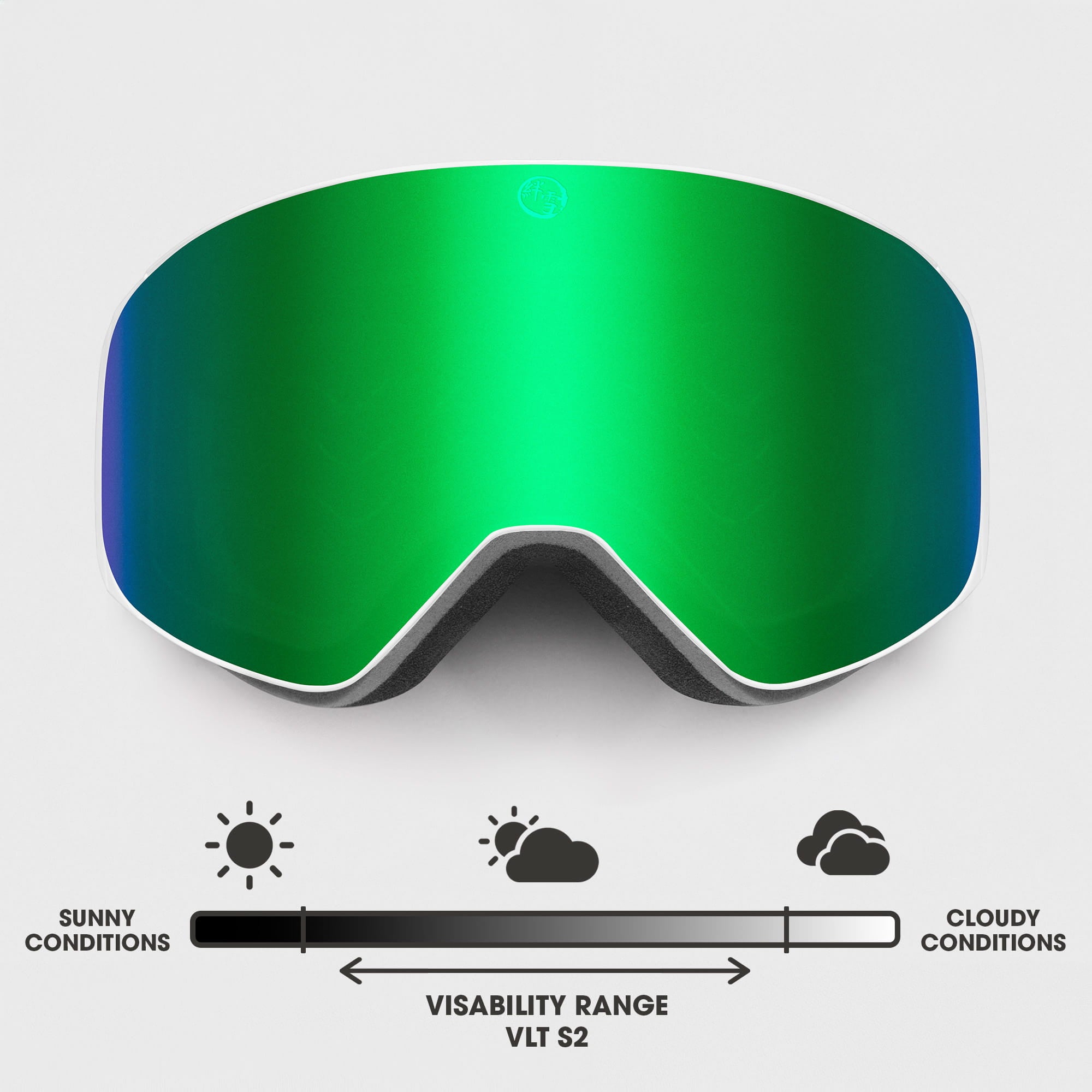 Dawn ski goggles with white frame and Forest Green mirrored lens, VLT S2 visibility for sunny to partly cloudy conditions