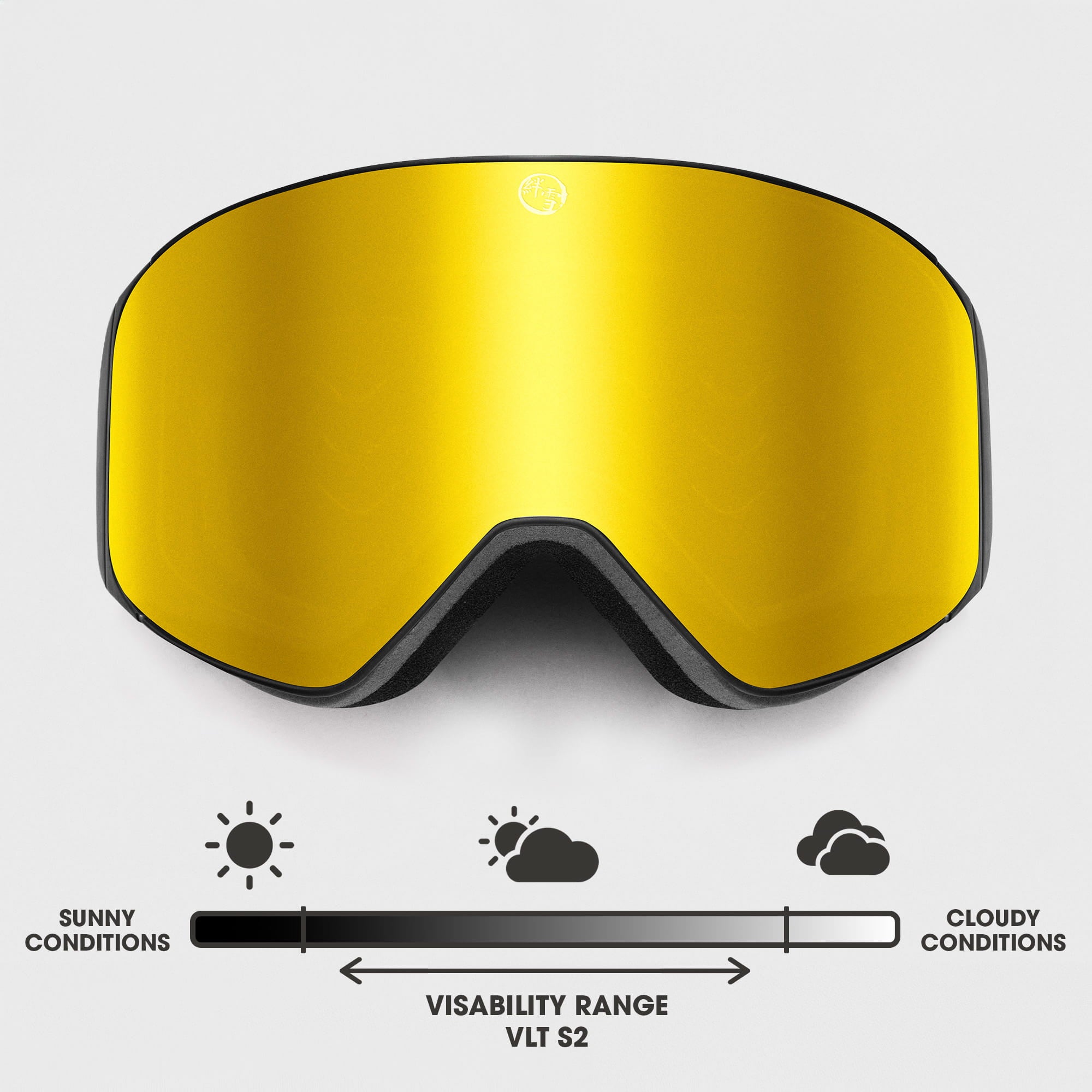 Dawn ski goggles with black frame and Summit Gold mirrored lens, VLT S2 visibility for sunny to partly cloudy conditions
