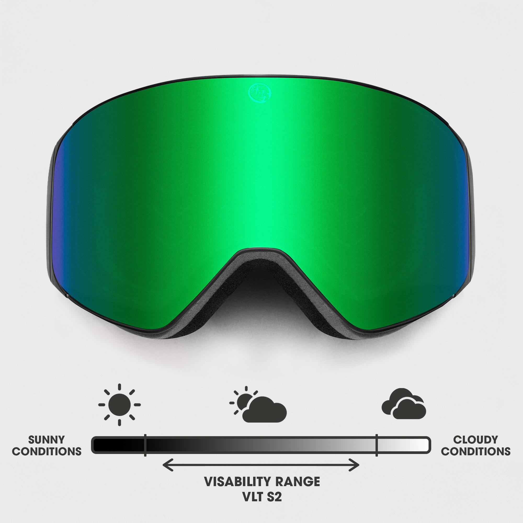 Dawn ski goggles with black frame and Forest Green mirrored lens, VLT S2 visibility for sunny to partly cloudy conditions