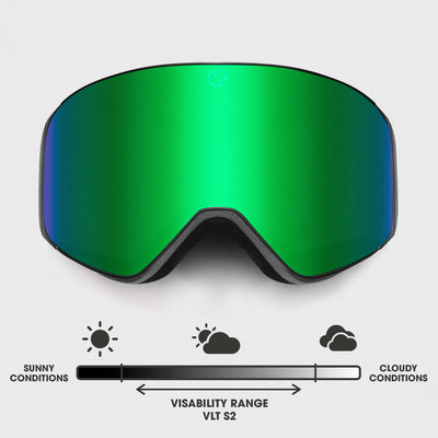 Dawn ski goggles with black frame and Forest Green mirrored lens, VLT S2 visibility for sunny to partly cloudy conditions