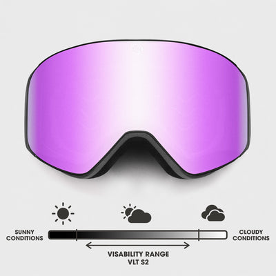 Dawn ski goggles with black frame and Alpine Pink mirrored lens, VLT S2 visibility for sunny to partly cloudy conditions