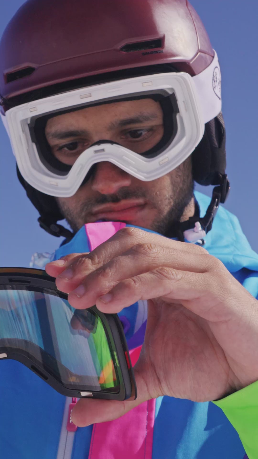 Load video: Portrait launch video of KIZUKI ski goggles in action, highlighting design, clarity, and performance in alpine settings.